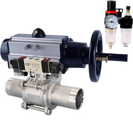 Шаровой кран DN.ru 304-304 LONG Ду100 Ру16 пневмопривод, пневмораспред, БПВ D160-58741 1