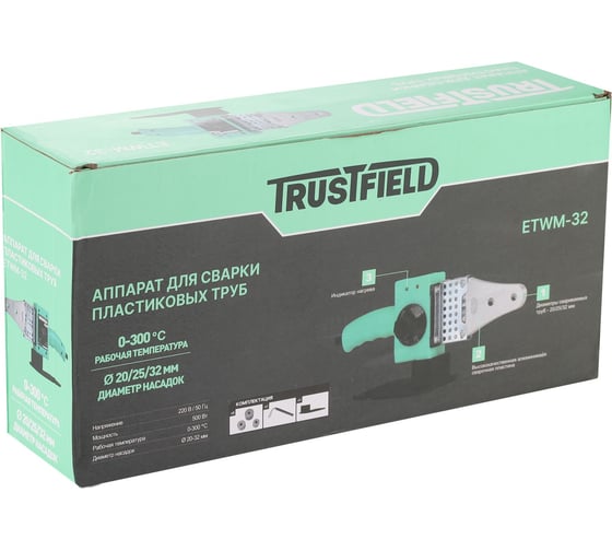 Паяльник для ПВХ труб TRUSTFIELD электрический (500Вт, 0-300, насадки 20,25,32мм, подставка) ETWM-32