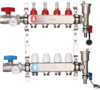 Коллектор регулируемый с расходомерами Gappo из нержавеющей стали, 2 шаровых крана с термометром, 2 воздухоотводчика, 2 сливных крана, 2 кронштейна 8-вых. x1"x3/4" G422.8