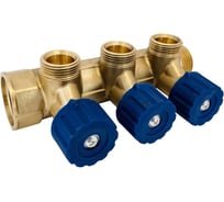 Коллектор латунный АПОГЕЙ КЛА 2503.045-4У-ВГР(С)-20 DN25 ВР1-НР1 м/о 45 мм НР3/4''ЕК с регулирующими вентильными головками синими на 3 выхода 411006