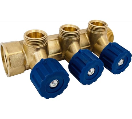 Коллектор латунный АПОГЕЙ КЛА 2503.045-4У-ВГР(С)-20 DN25 ВР1-НР1 м/о 45 мм НР3/4''ЕК с регулирующими вентильными головками синими на 3 выхода 411006