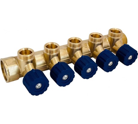 Коллектор латунный АПОГЕЙ КЛА 2505.045-4У-ВГР(С)-20 DN25 ВР1-НР1 м/о 45 мм НР3/4''ЕК с регулирующими вентильными головками синими на 5 выходов 411008