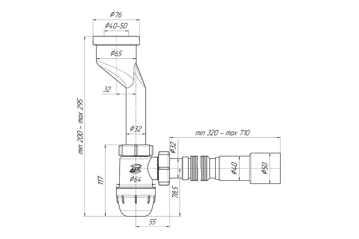Сифон для писсуара АНИ Пласт бутылочный, литой выпуск, 1 1/4x32, гофра ...