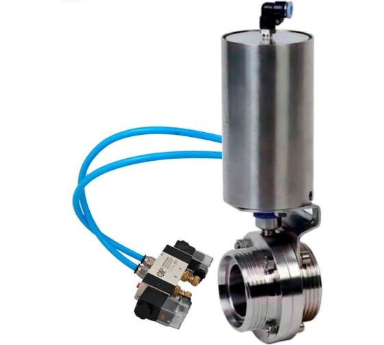 Дисковый затвор DN.ru 304-304-Sil-2W-T-H Ду25 Ру10 пищевая нержавеющая сталь, пневмопривод, пневмораспределитель D050-73214
