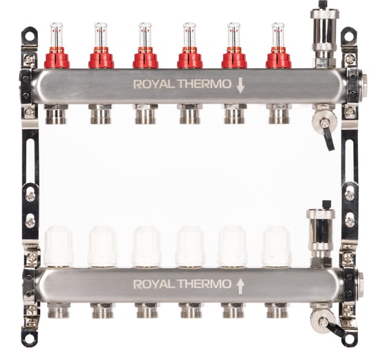 Коллектор ROYAL THERMO нержавеющая сталь, в сборе, с расходомерами, 1 ВР-3/4 НР, с автоматоматическими воздухоотводами, 6 выходов НС-1665627