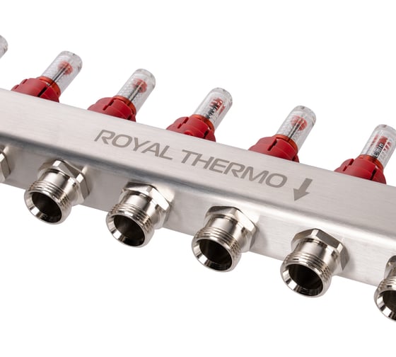 Коллектор ROYAL THERMO нержавеющая сталь, в сборе, с расходомерами, 1 ВР-3/4 НР, с автоматоматическими воздухоотводами, 4 выхода НС-1665625