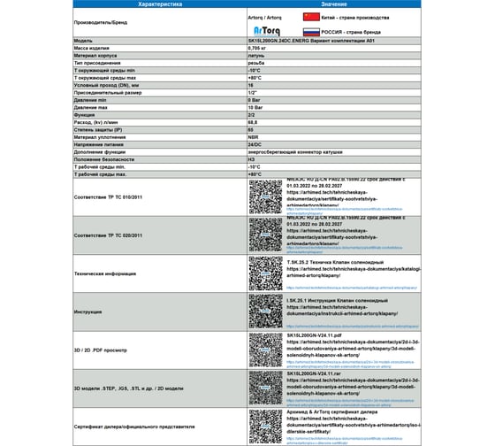 Клапан соленоидный Artorq SK15L200GN.24DC.ENERG
