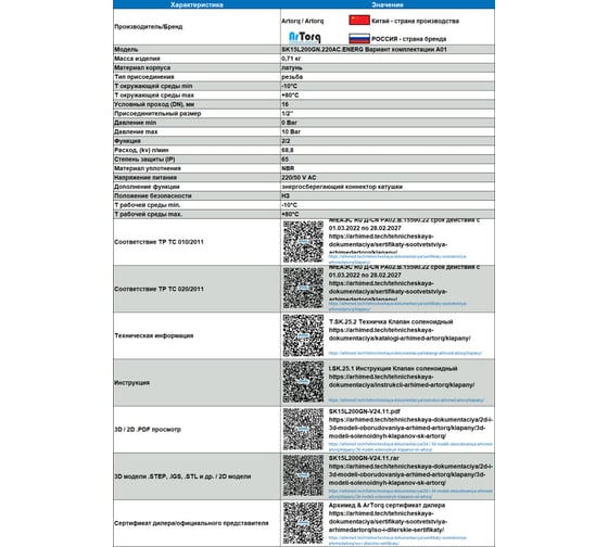 Клапан соленоидный Artorq SK15L200GN.220AC.ENERG