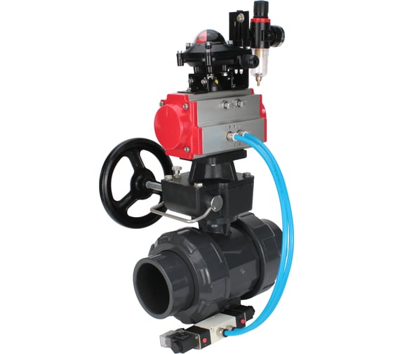 Кран шаровой НПВХ-НПВХ-E-FP-GRM-ISO Ду32 Ру10 DN.ru с пневмоприводом, пневмораспределителем, БПВ, БКВ, ручным дублером D160-67796 1