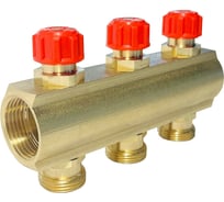 Коллектор латунный АПОГЕЙ КЛА 2503.050-4-ВКМ(К) DN25 ВР1 м/о 50 мм НР3/4ЕК с вентилями коллекторными с красным маховиком на 3 выхода 410415