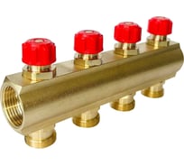 Коллектор латунный АПОГЕЙ КЛА 2504.050-4-ВКМ(К) DN25 ВР1 м/о 50 мм НР3/4ЕК с вентилями коллекторными с красным маховиком на 4 выхода 410416