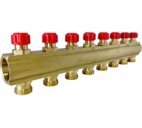 Коллектор латунный АПОГЕЙ КЛА 2508.050-4-ВКМ(К) DN25 ВР1 м/о 50 мм НР3/4ЕК с вентилями коллекторными с красным маховиком на 8 выходов 410420