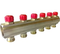 Коллектор латунный АПОГЕЙ КЛА 2506.050-4-ВКМ(К) DN25 ВР1 м/о 50 мм НР3/4ЕК с вентилями коллекторными с красным маховиком на 6 выходов 410418