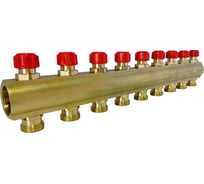Коллектор латунный АПОГЕЙ КЛА 2509.050-4-ВКМ(К) DN25 ВР1 м/о 50 мм НР3/4ЕК с вентилями коллекторными с красным маховиком на 9 выходов 410421