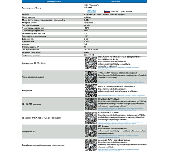 Клапан соленоидный Архимед RPA10A512GL.220АC