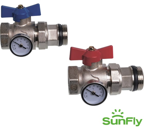 Комплект прямых коллекторных шаровых кранов SUNFLY с термометром 1 (83270-1) SF0343396