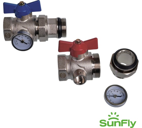 Комплект прямых коллекторных шаровых кранов SUNFLY с термометром 1 (83270-1) SF0343396