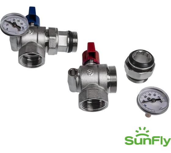 Комплект угловых коллекторных шаровых кранов SUNFLY с термометром 1 (83273-1) SF0343280