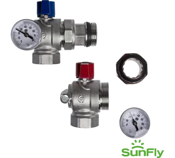 Комплект угловых коллекторных шаровых кранов SUNFLY с термометром 1 (83273-1) SF0343280