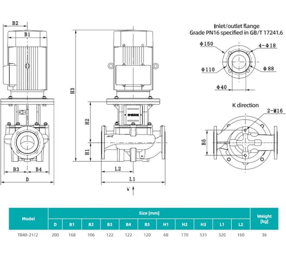 Насос циркуляционный SHIMGE TB 40-21/2-1.5 (3x380В; 1,50кВт) 10180300206