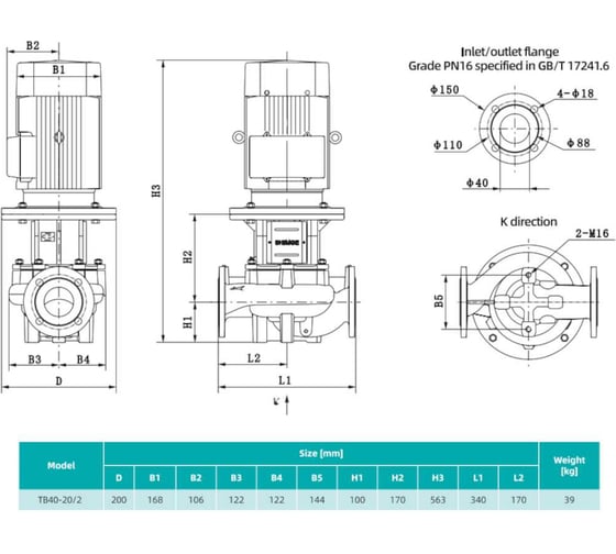 Насос циркуляционный SHIMGE TB 40-20/2-2.2 (3x380В; 2,20кВт) 10180300097