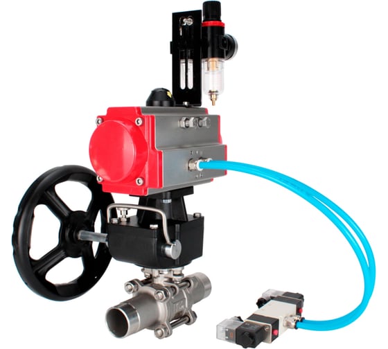 Кран шаровой DN.ru 304-304-PTFE-W-ISO-H Ду100 Ру16 пневмопривод DA-105, пневмораспределитель (2EM) 220VAC, редуктор HDM-3, БПВ D160-54062 1