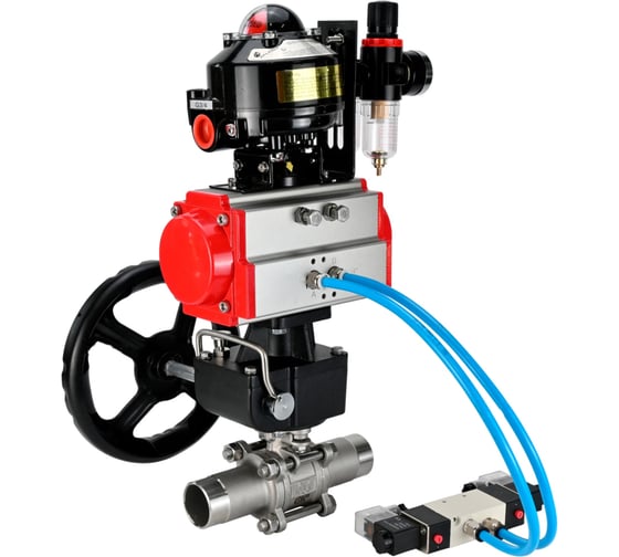 Кран шаровой DN.ru 316-316-PTFE-W-ISO-H Ду80 Ру25 пневмопривод DA-083, пневмораспределитель (2EM) 220VAC, редуктор HDM-2, БКВ LSB-510, БПВ D160-55564 1