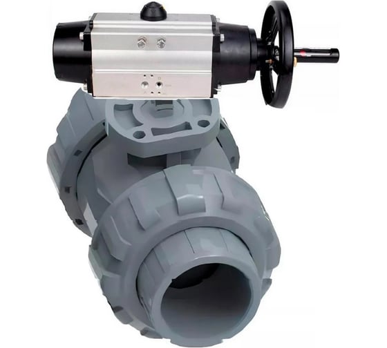Кран шаровой DN.ru НПВХ-НПВХ-E-FP-GRM-ISO Дн40 Ру10, пневмопривод со штурвалом D160-66708 1