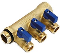 Коллектор Tiemme 3 отверстия, с шаровыми клапанами, 1x1/2(16), латунь, синие ручки 1820046