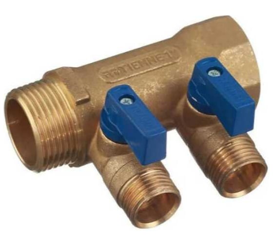 Коллектор Tiemme 2 отверстия, с шаровыми клапанами, 1x1/2(16), латунь, синие ручки 1820042 1
