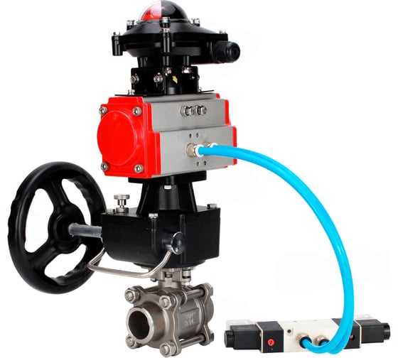 Кран шаровой DN.ru 316-316-PTFE-FP-W-ISO-H WDVF Ду40 Ру40, пневмопривод DA-065, пневмораспределитель 220VAC, БКВ LSB-210, ручной дублёр HDM-1 D160-73200 1