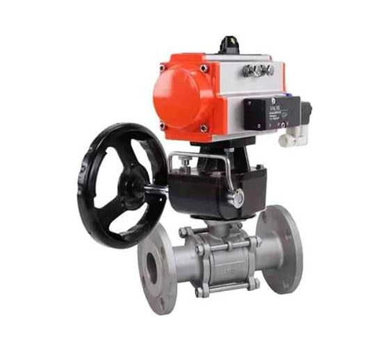 Кран шаровой DN.ru КШФПТ 304.180 Ду50 Ру40 пневмопривод DA-065, пневмораспределитель 220VAC, ручной дублёр HDM-1 D160-72475 1