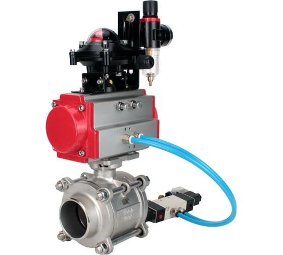 Кран шаровой DN.ru 316-316-PTFE-FP-W-ISO-H WDVF Ду40 Ру40, пневмопривод DA-065, пневмораспределитель 220VAC, БКВ LSB-210, БПВ D160-73219 1