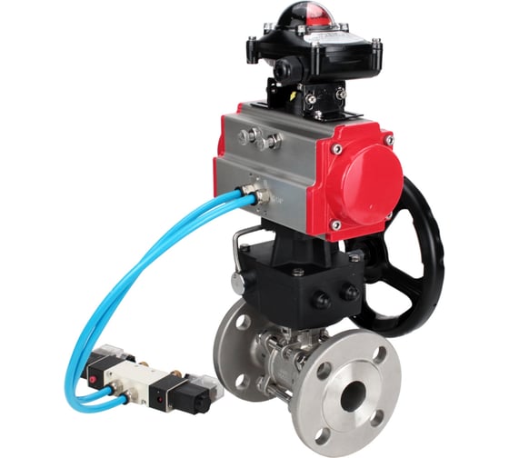 Кран шаровой DN.ru КШФПТ 316.180 Ду65 Ру25 пневмопривод DA-083, пневмораспределитель 220VAC, БКВ LSB-210, ручной дублёр HDM-2 D160-72530 1
