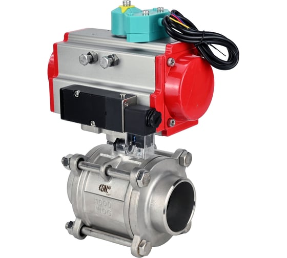 Кран шаровой DN.ru 316-316-PTFE-FP-W-ISO-H WDVF Ду40 Ру40, пневмопривод DA-065, пневмораспределитель 24VDC, магнитный переключатель МППП-200 D160-73285 1