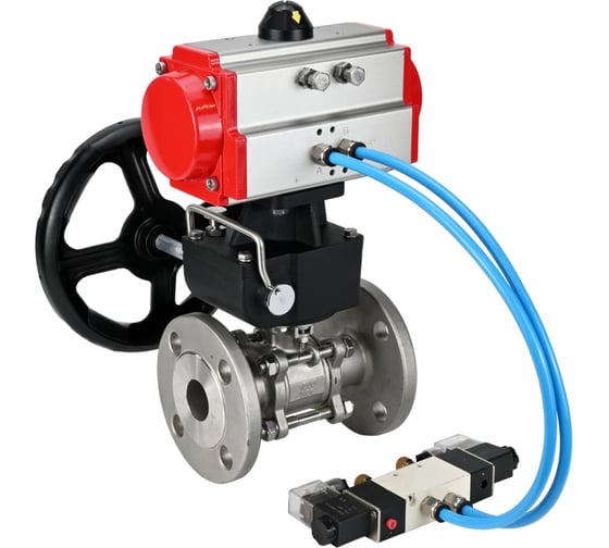 Кран шаровой DN.ru КШФПТ 304.180 Ду65 Ру25 пневмопривод DA-083, пневмораспределитель 220VAC, ручной дублёр HDM-2 D160-72482 1