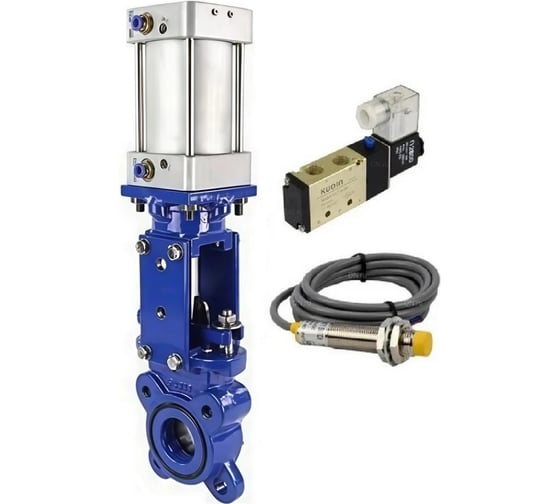 Задвижка шиберная DN.ru GGG40-304-EPDM-2W-Fb-2P Ду80 Ру16 двусторонняя, шток выдвижной, WENZ, пневмопривод, пневмораспределитель 24VDC, индукционные датчики 24VDC D040-10287 1