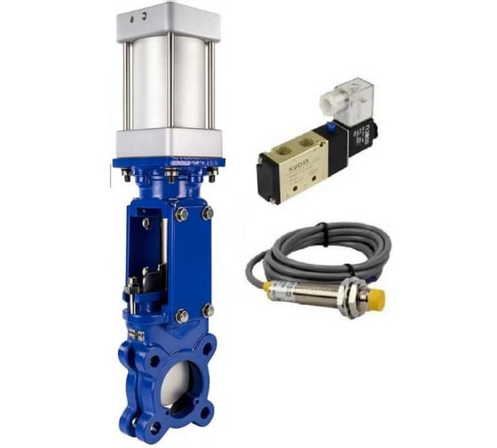 Задвижка шиберная DN.ru WCB-304-M-1W-Fb-2P Ду100 Ру16 односторонняя, шток выдвижной, WENZ, пневмопривод, пневмораспределитель 24VDC, индукционные датчики 24VDC D040-1031 D040-10316 1