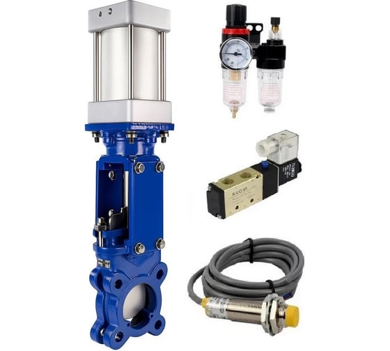 Задвижка шиберная DN.ru WCB-304-M-1W-Fb-2P Ду100 Ру16 односторонняя, шток выдвижной, WENZ, пневмопривод, пневмораспределитель 24VDC, индукционные датчики 24VDC D040-1031 D040-10316 1