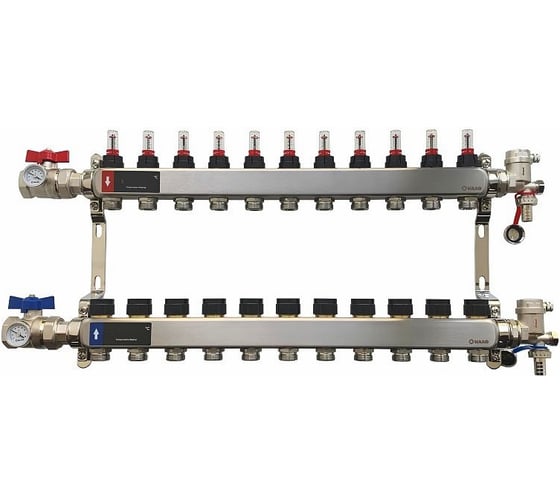 Коллектор WAAG 589.F 1х3/4, 11 выходов, c клапанами, с расходомерами, сталь нерж., в сборе WG.589.0611.F 1