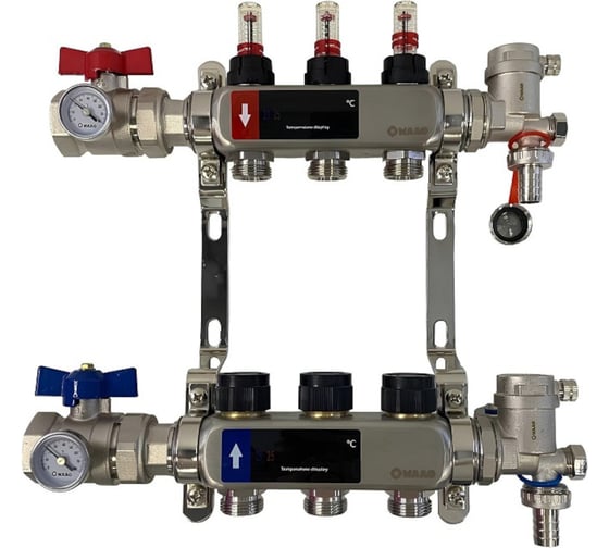 Коллектор WAAG 589.F 1х3/4, 3 выходов, c клапанами, с расходомерами, сталь нерж., в сборе WG.589.0603.F 1