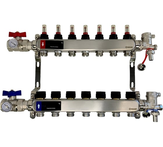 Коллектор WAAG 589.F 1х3/4, 7 выходов, c клапанами, с расходомерами, сталь нерж., в сборе WG.589.0607.F 1