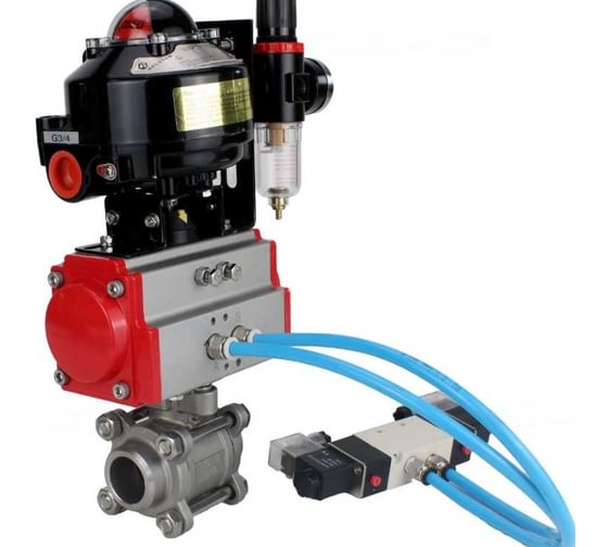 Кран шаровой КШПП DN.ru 316.200-ISO Ду100 Ру25, пневмопривод SA-140, пневмораспределитель (2EM) 220VAC, БКВ LSB-510 (EX), БПВ D160-75182 1