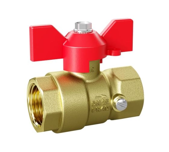 Кран шаровой латунный LD Pride для манометра 44.15.В-В.2М.Б Ду 15 М20 Ру 40 бабочка (red) с биркой LD 44.392.15.20 R 1