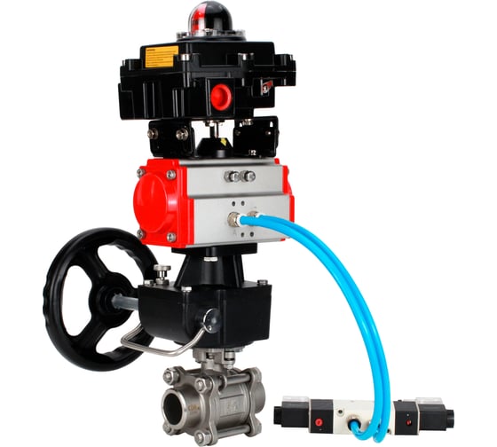 Кран шаровой DN.ru 316-316-PTFE-FP-W-ISO-H WDVF Ду40 Ру40, пневмопривод DA-065, пневмораспределитель 220VAC, БКВ LSB-410 (EX), ручной дублёр HDM-1 D160-73201 1