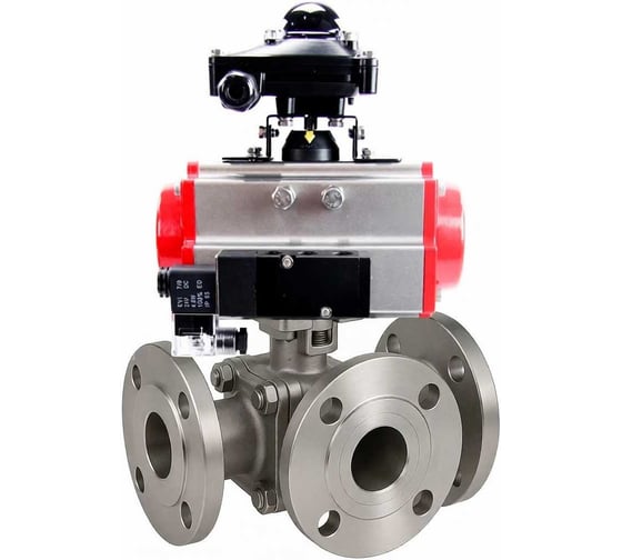 Кран шаровой DN.ru 316-316-PTFE-FP-3L-F-ISO-H Ду50 Ру16 HYMT, 3-ходовой L-тип фланцевый, пневмопривод SA-105, пневмораспределитель (2EM) 220VAC, БКВ LSB-410 Ex D160-77237 1