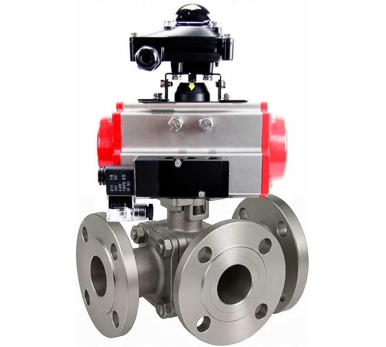 Кран шаровой DN.ru 316-316-PTFE-FP-3L-F-ISO-H Ду50 Ру16 HYMT, 3-ходовой L-тип фланцевый, пневмопривод SA-105, пневмораспределитель 220VAC, БКВ LSB-510 Ex D160-77191 1