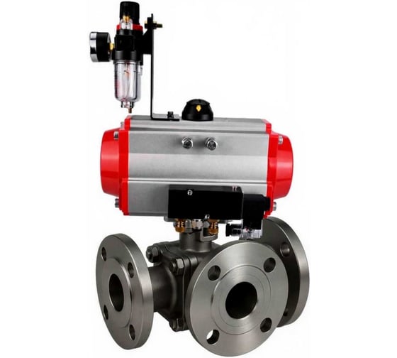 Кран шаровой DN.ru 316-316-PTFE-FP-3L-F-ISO-H Ду50 Ру16 HYMT, 3-ходовой L-тип фланцевый, пневмопривод SA-105, пневмораспределитель 220VAC, БПВ D160-77344 1
