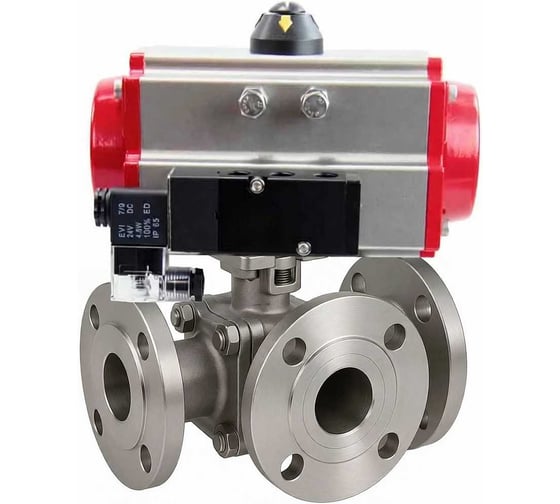 Кран шаровой DN.ru 316-316-PTFE-FP-3L-F-ISO-H Ду50 Ру16 HYMT, 3-ходовой L-тип фланцевый, пневмопривод SA-105, пневмораспределитель 24VDC D160-77151 1