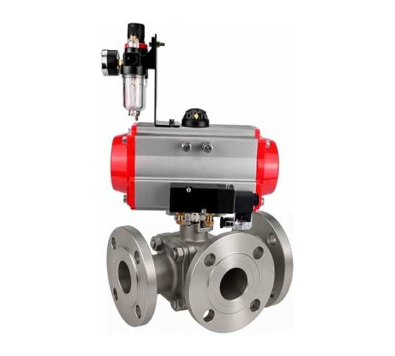 Кран шаровой DN.ru 316-316-PTFE-FP-3L-F-ISO-H Ду80 Ру16 HYMT, 3-ходовой L-тип фланцевый, пневмопривод DA-105, пневмораспределитель (2EM) 220VAC, БПВ D160-77396 1